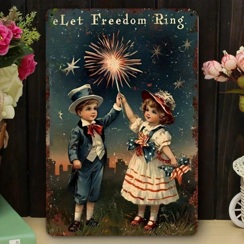 Patriotic Let Freedom Ring Metal Sign American Flag Vintage Wall Decor