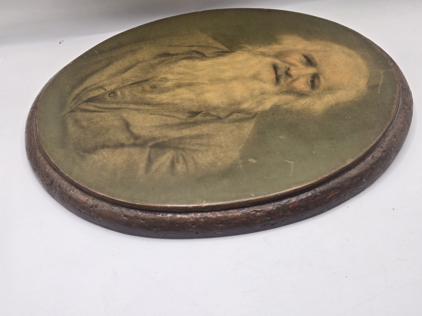 Rustic Oval Wooden Wall Plaque Portrait Smiling Old Man Beard Vintage Art Creepy