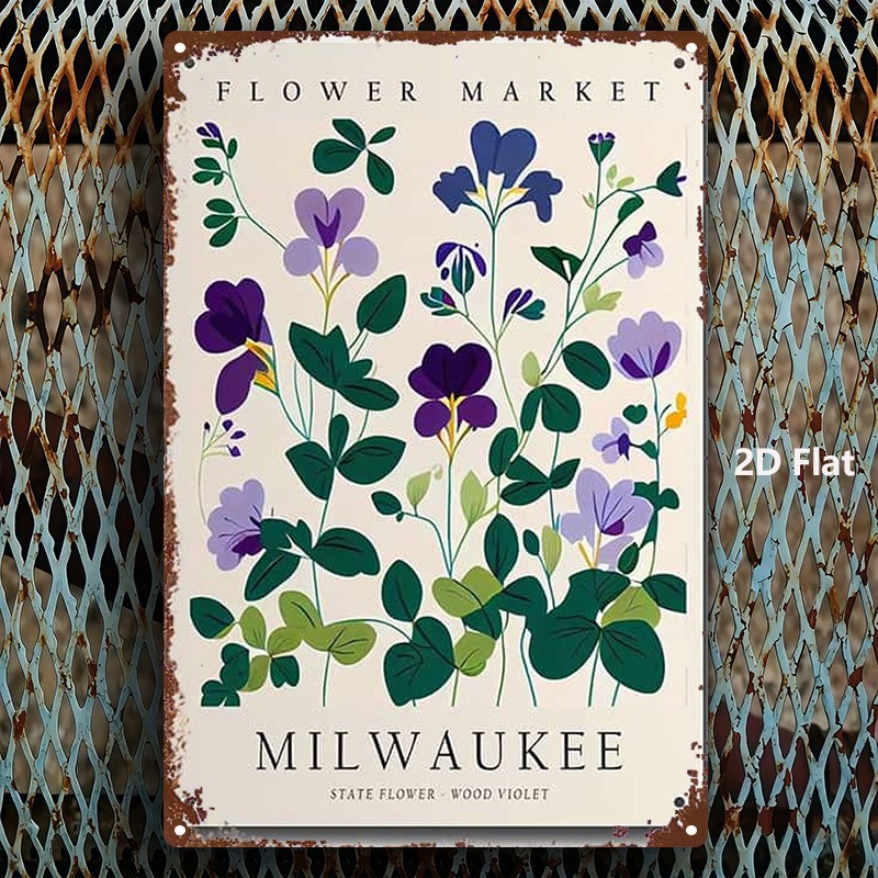 Milwaukee Flower Market Wood Violet Vintage Metal Sign for Floral Wall Decor