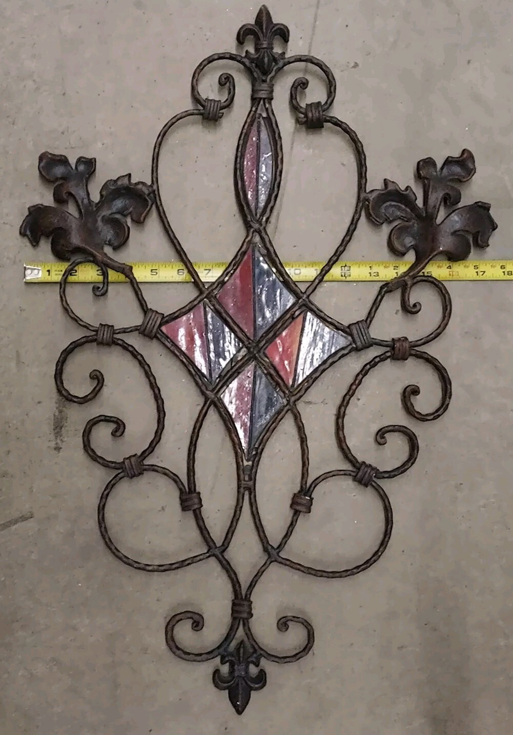 Wrought Iron Stained Glass Gothic Window Wall Hanging Plaque 26.5″ x 17.5″
