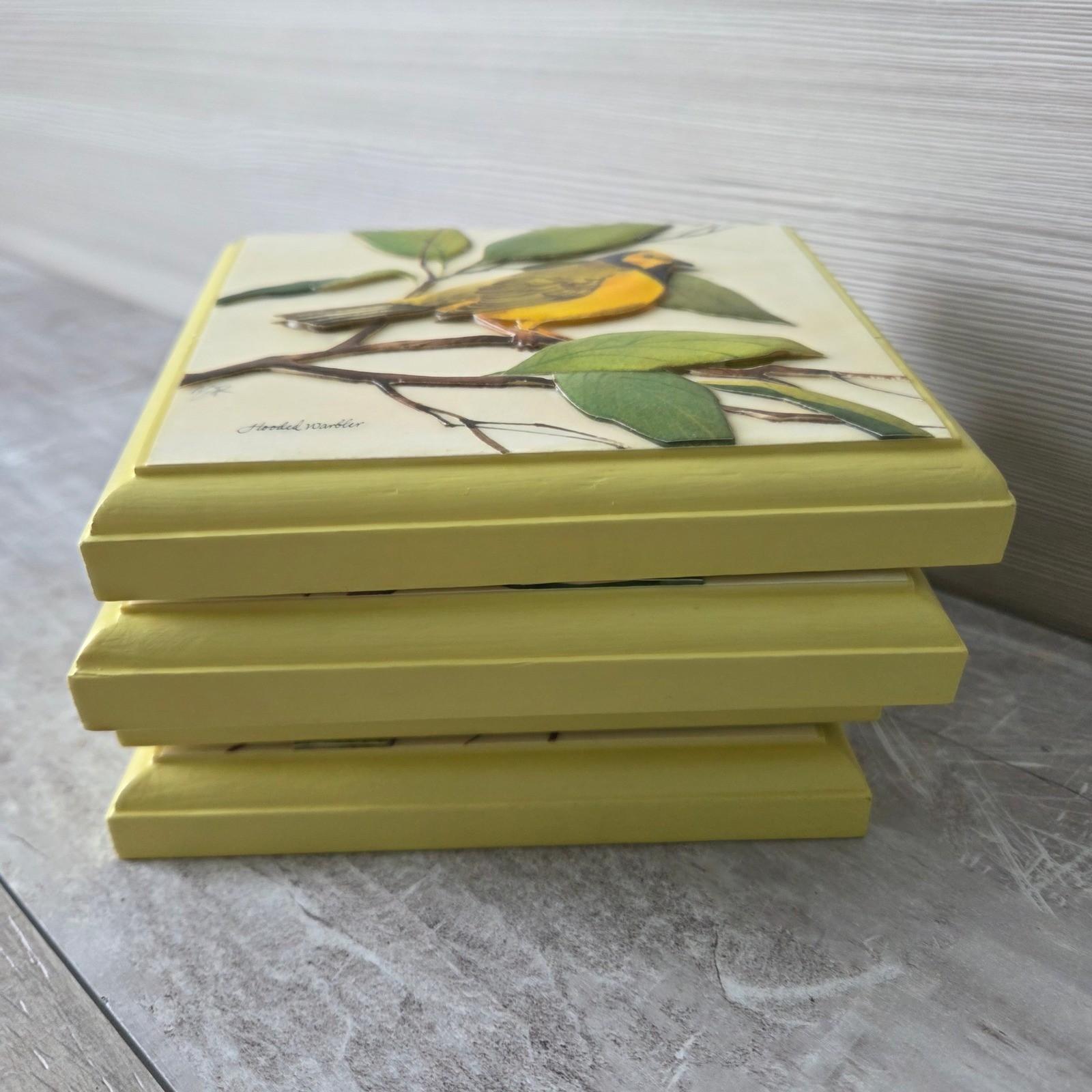 Vintage 1973 3D Paper Tole Bird Wall Art Set 4 Wood Plaques Yellow Cottagecore