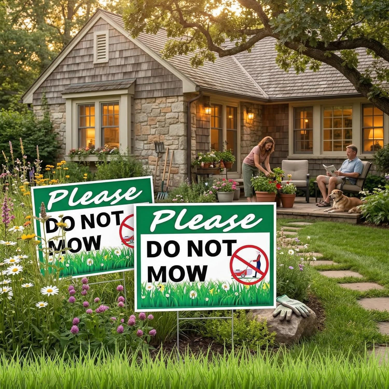 2 Pcs Please Do Not Mow Sign with Metal H Stake 12 X 9 Inches No Mow May Yard Fl