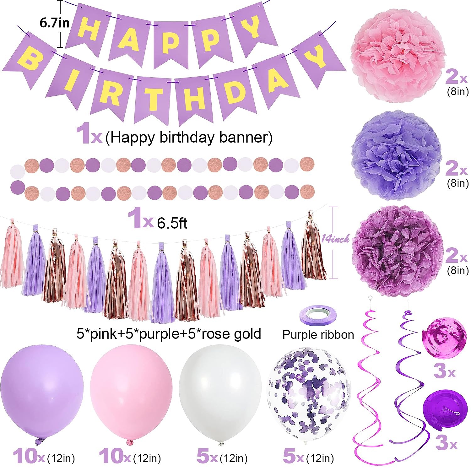 Purple Pink Birthday Party Decorations Women Girls with Happy Birthday Banner