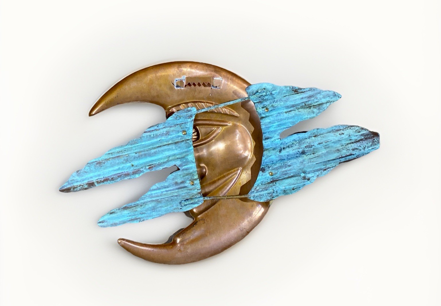 Solid Copper Crescent Moon Amongst Verdigris Clouds Wall Art, 25″ Long
