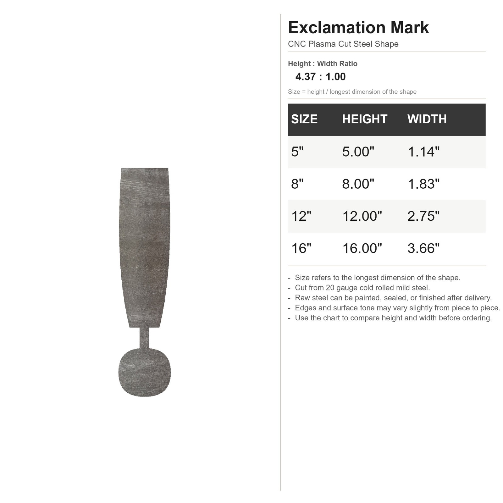 Exclamation Mark Steel Cutout Shape, Raw Metal Wall Art and Craft Supply