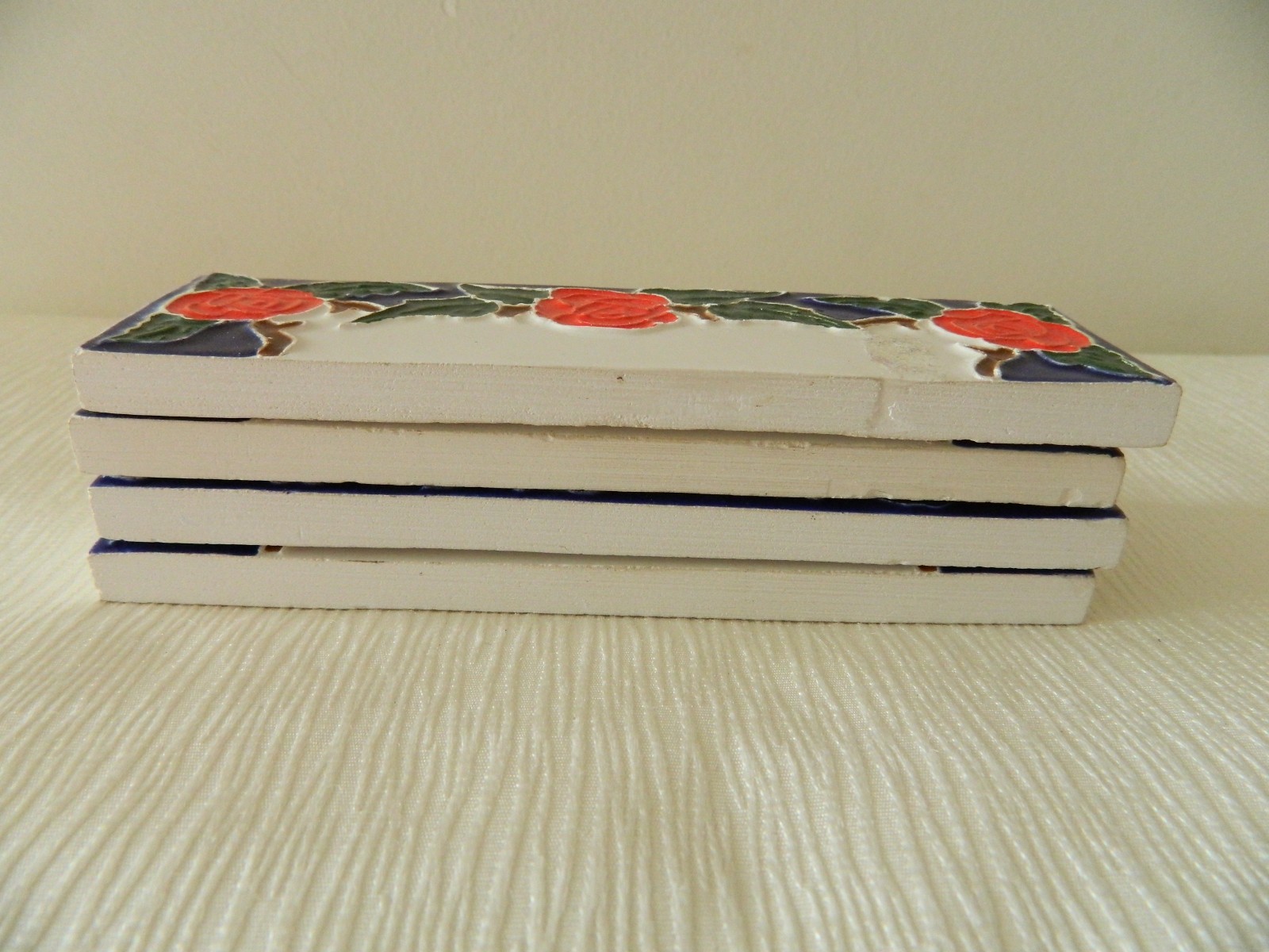 Ceramic HOUSE UNIT NUMBER TILES No 10 Red Roses Enamel Pattern Blue & Green 4pcs