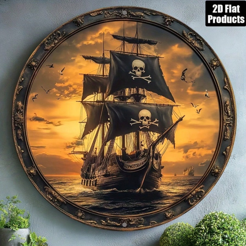 2D Flat Vintage Pirate Ship Wall Art Theme, Round Aluminum Metal Decorative Pla