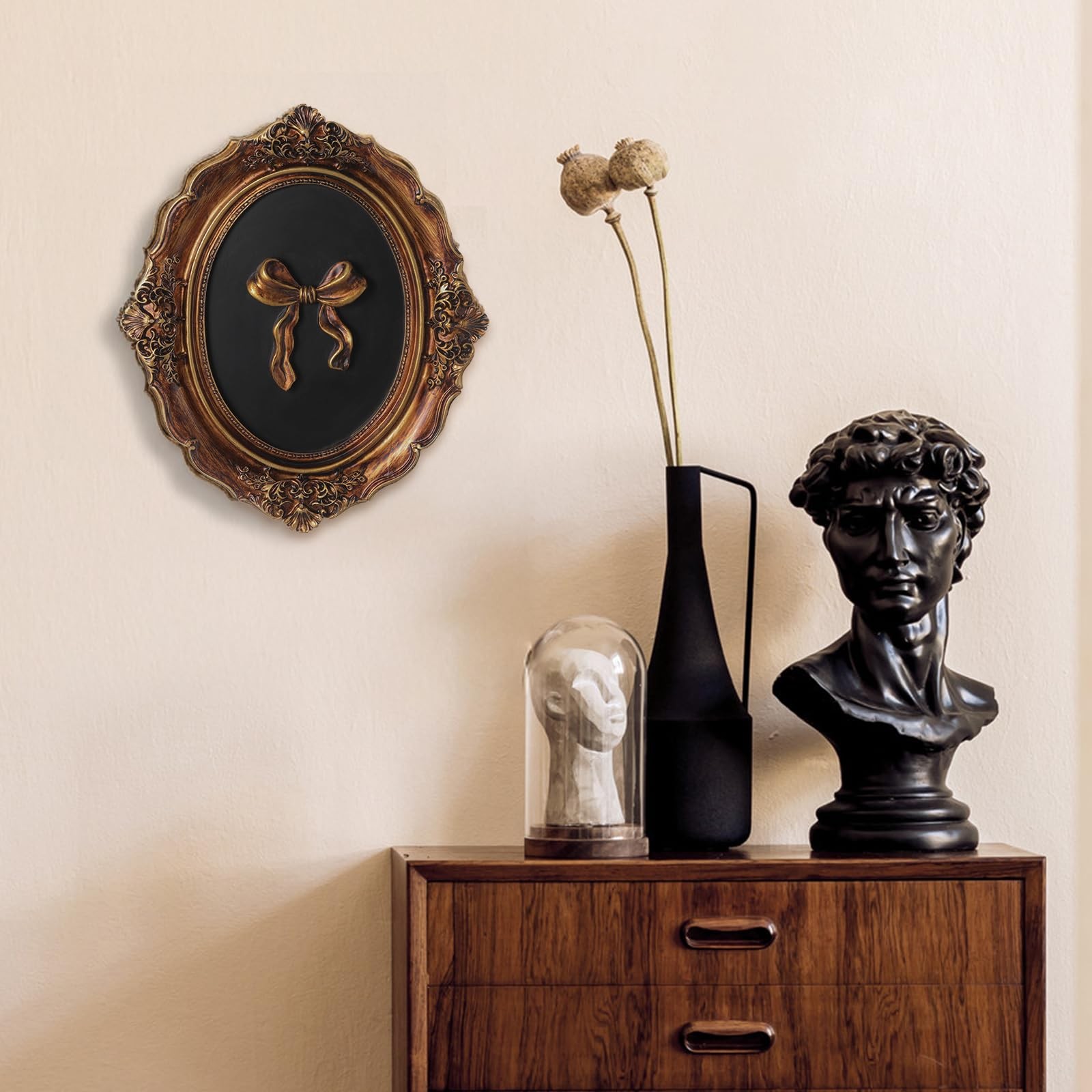 Oval Wall Decor Frame Gold Bow Sculpture Antique Style Home Hallway Art