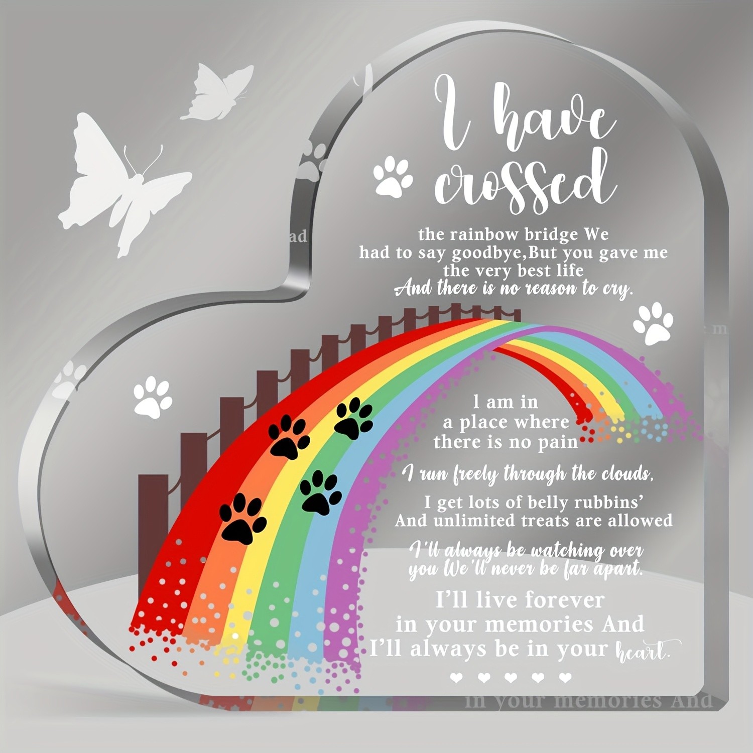 Rainbow Bridge Pet Memorial Acrylic Heart Plaque Dog/Cat Loss Remembrance Gift