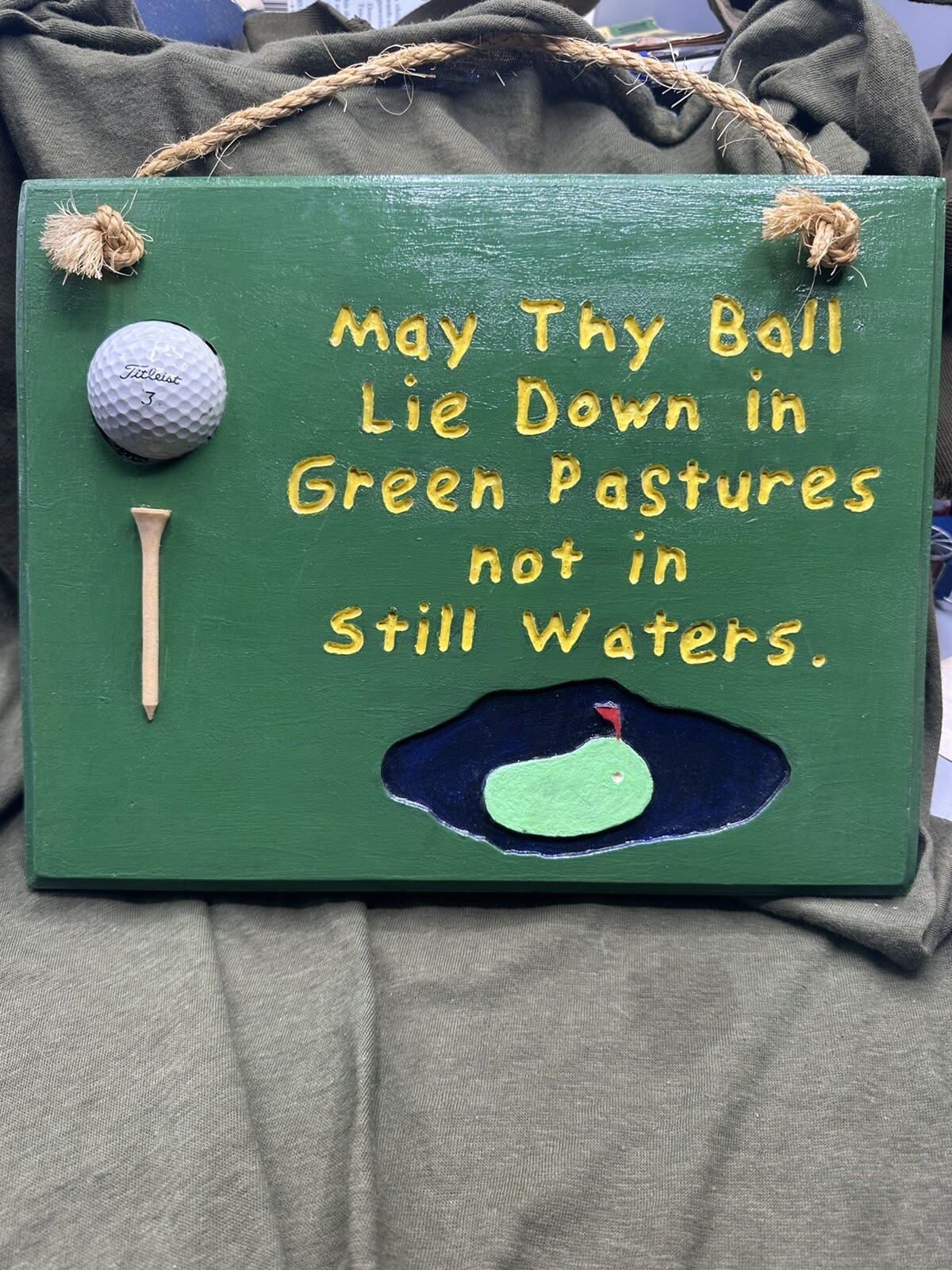 May Thy Ball Lie Down in Green Pastures – hand crafted wood sign. 11.5 x 9.5.