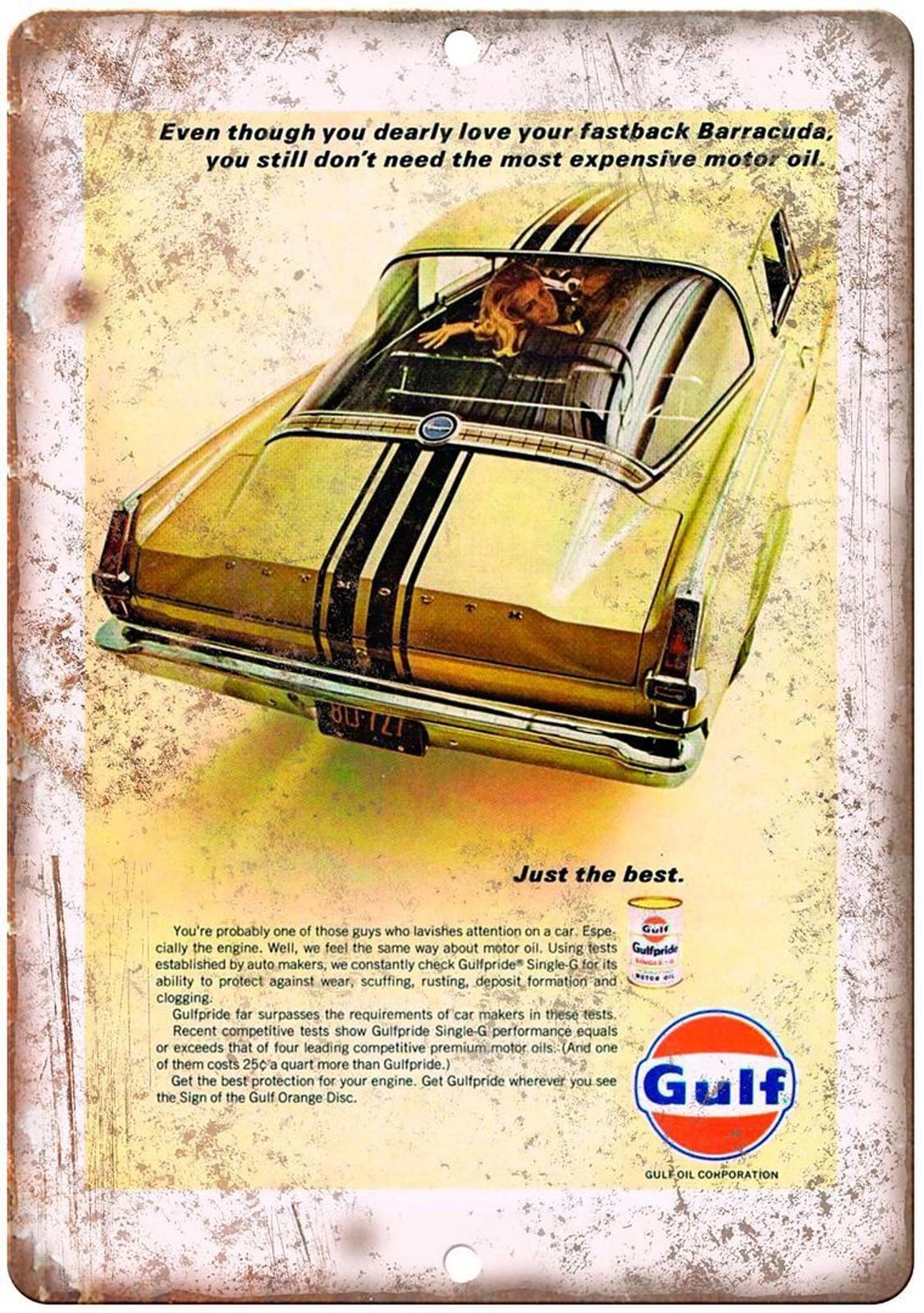 Gulf Motor Oil Sign Aluminum 8×12 Funny Plymouth Fastback Barracuda Repro