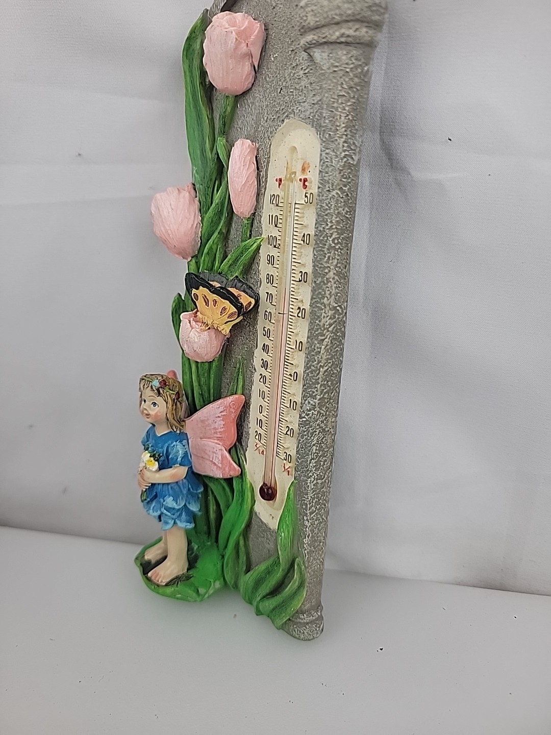 Resin Wall Fairy, Butterflie & Pink Lilies Plaque Thermometer