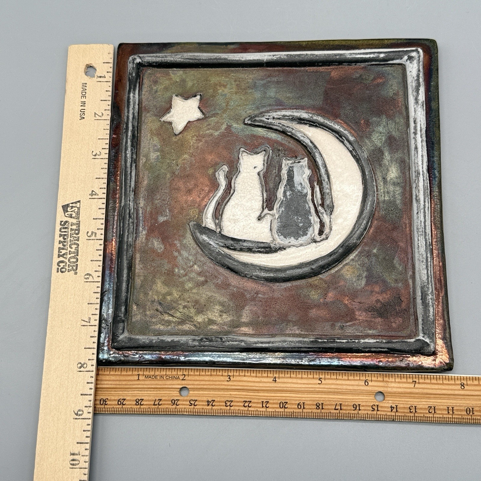Handcrafted Abstract Raku? Cats Moon And Star Art Tile 8” X 8”
