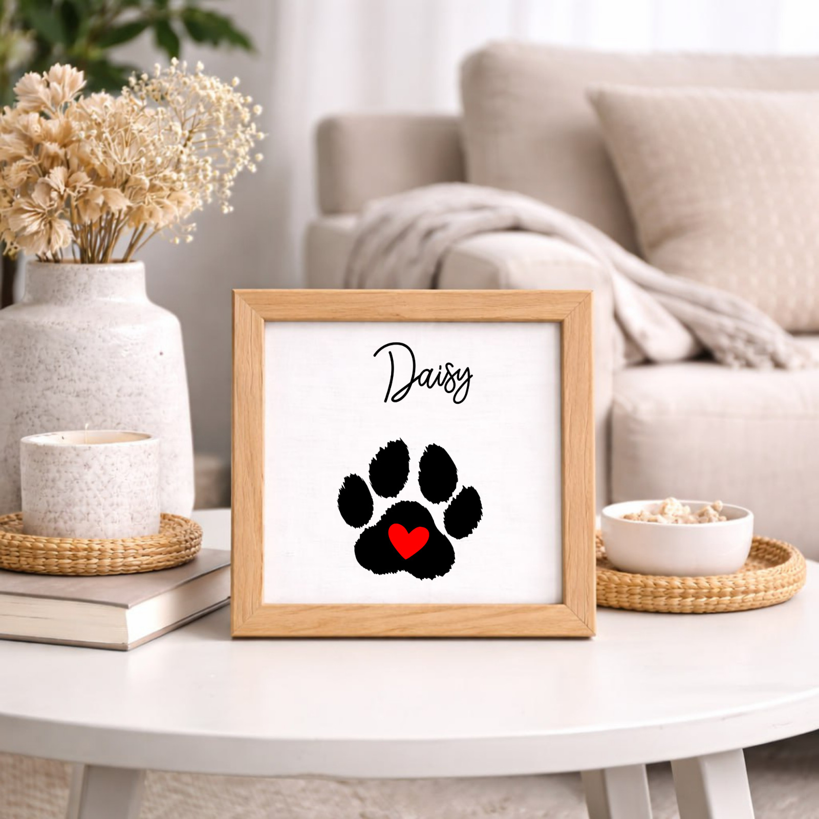 Personalized Dog Paw Memorial Sign Laser Engraved Pet Loss Gift on Wood in Frame