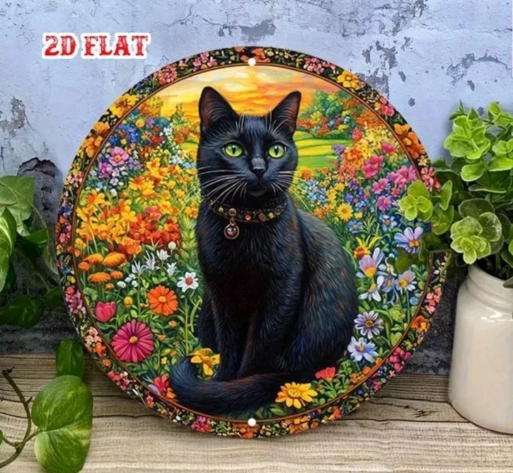 2D Flat Black Cat Garden Round Aluminum Sign Floral Metal Tin Wall Decor 7.87″