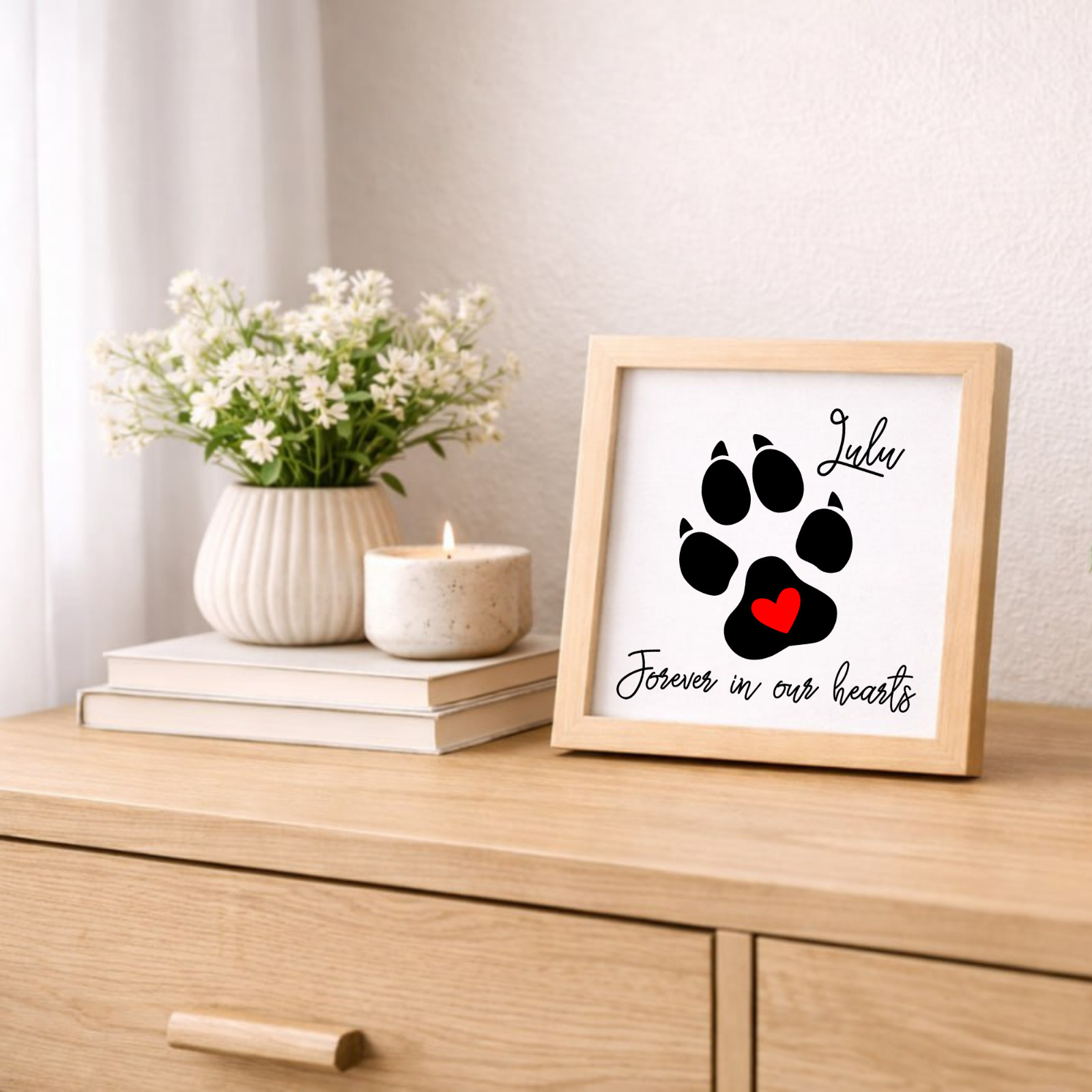 Personalized Dog Paw Memorial Sign Laser Engraved Pet Loss Gift on Wood in Frame