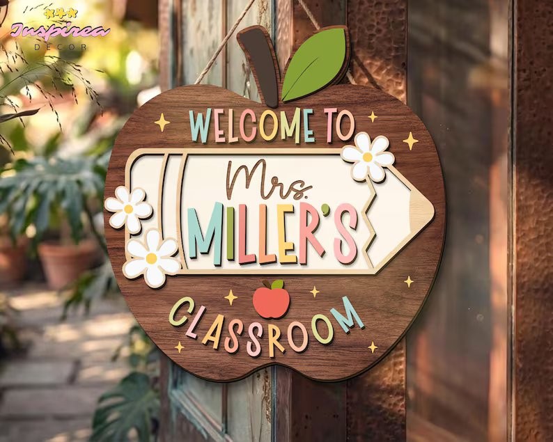Personalized Apple Teacher Name Door Sign, 3D Welcome Classroom Decor