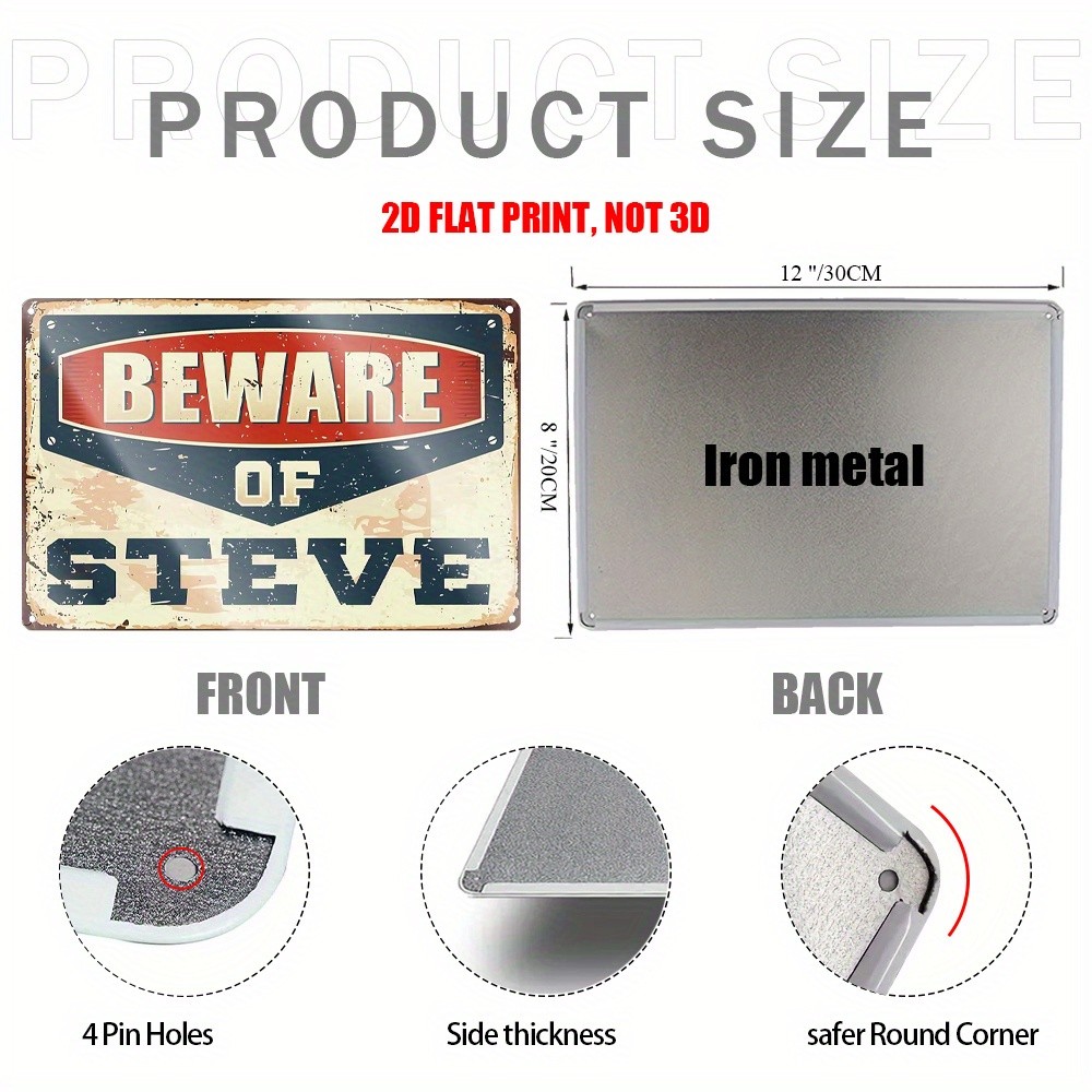 Vintage Beware of Steve Metal Sign Humorous Warning Wall Art Decor Funny Plaque
