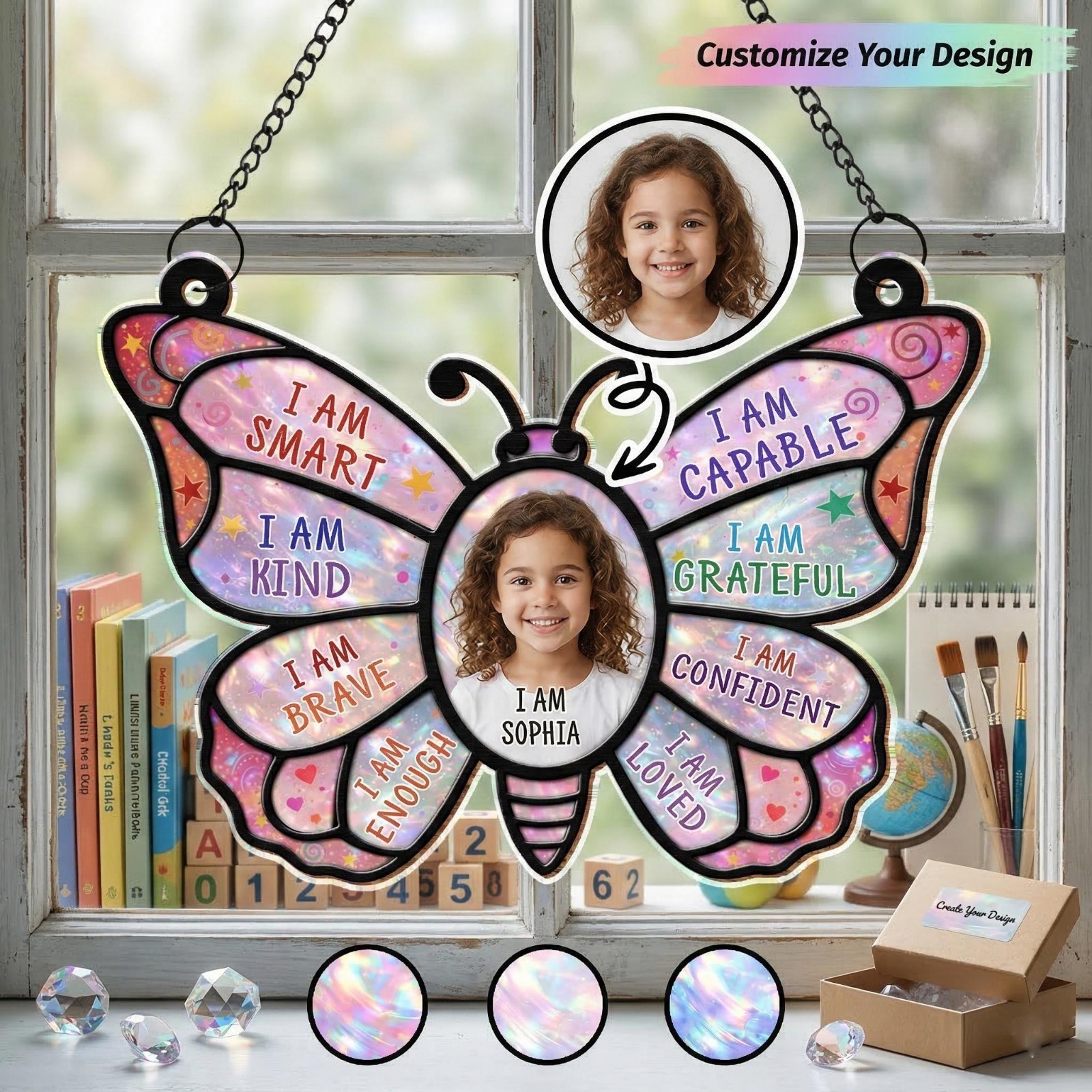 Personalized Photo Butterfly Acrylic Suncatcher, Kids Affirmation Gift, I Am Sma