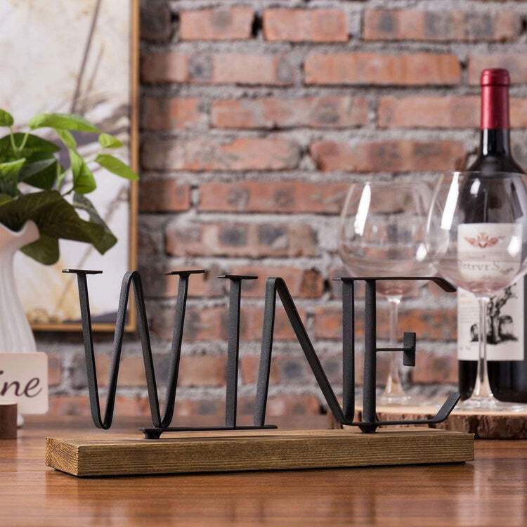 Black Metal WINE Decorative Display Letter Sign Rustic Burnt Wood Base, 12 Inch