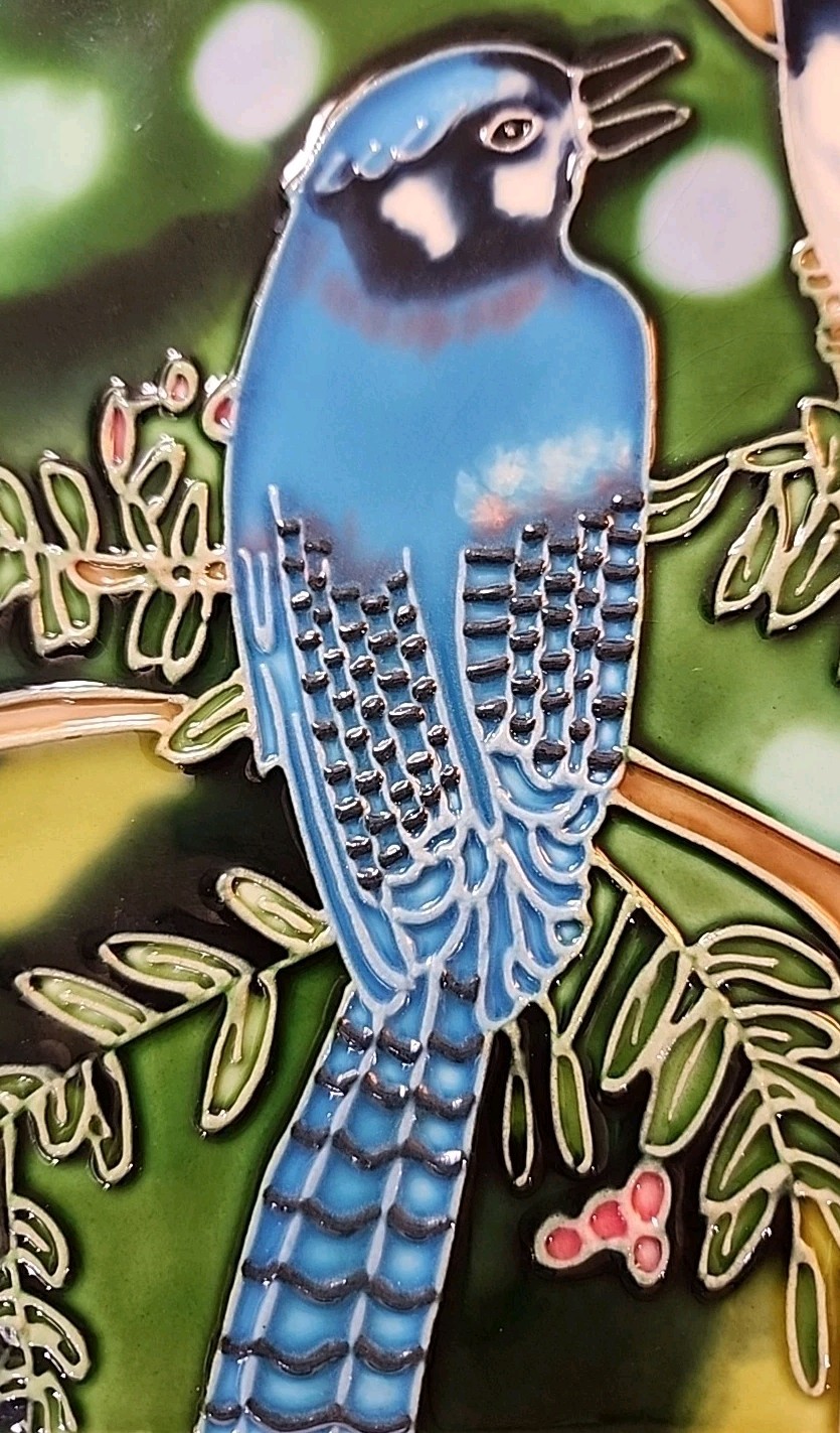 Blue Jays On A Box Elder With Berries Decorative TILE 8″x8″ Hanging or Standing