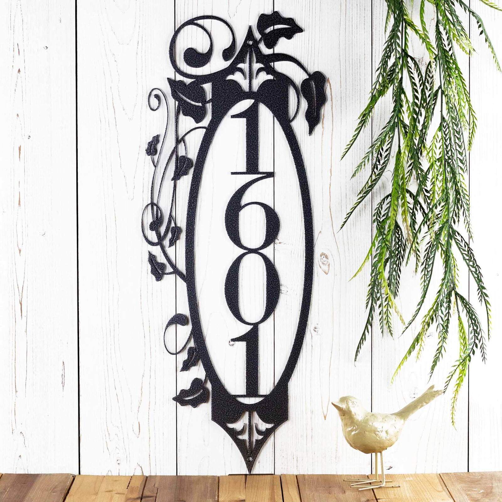Vertical Metal House Numbers Plaque with Vines and Fleur De Lis
