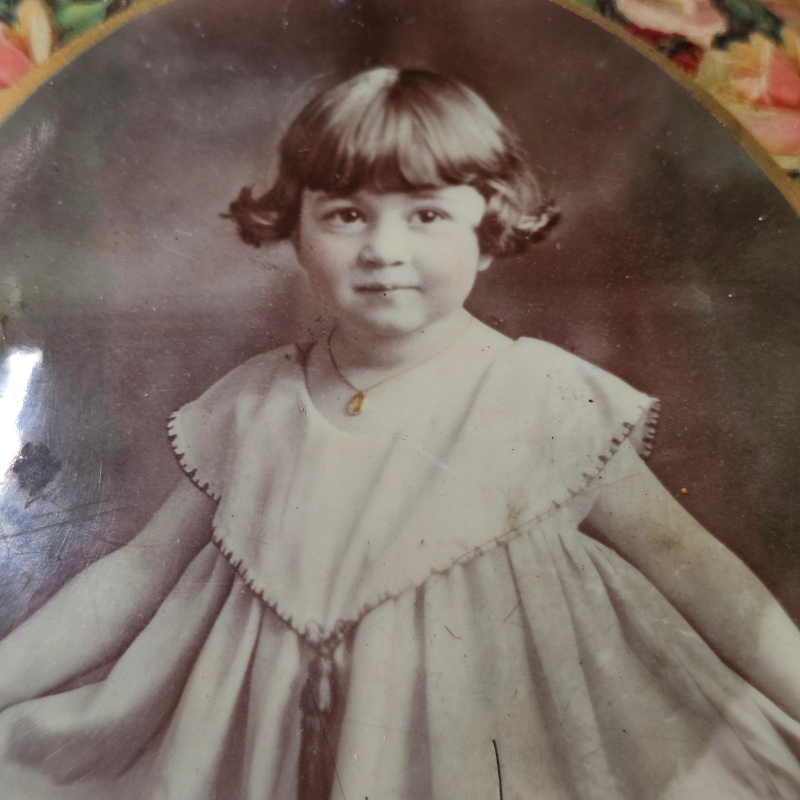 Antique Tin Celluloid Oval Photo Portrait Little Girl Wall Decor Art Vintage