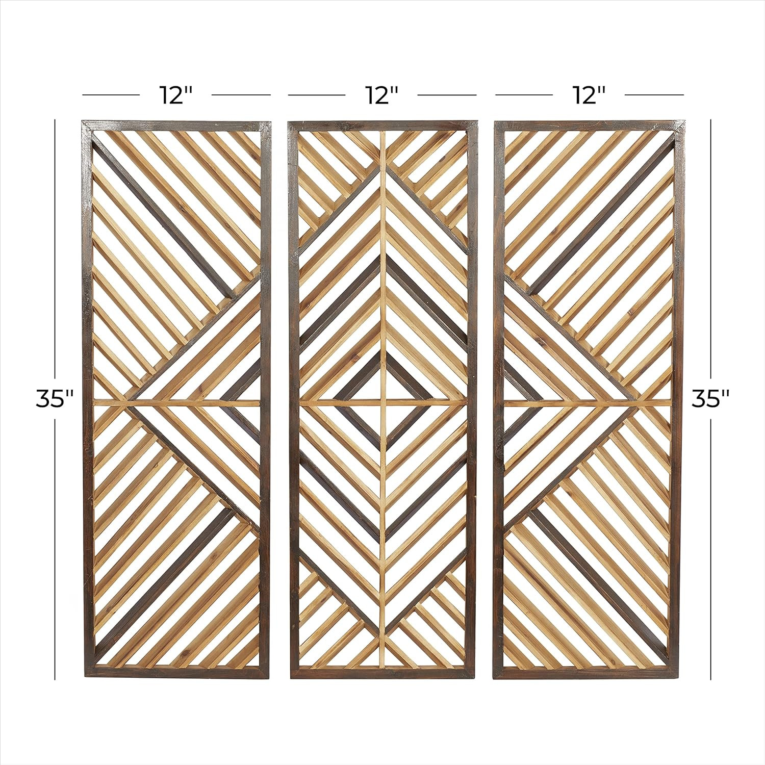 Set of 3 Brown Wood Geometric Wall Art Sculptures, 12″W x 35″H