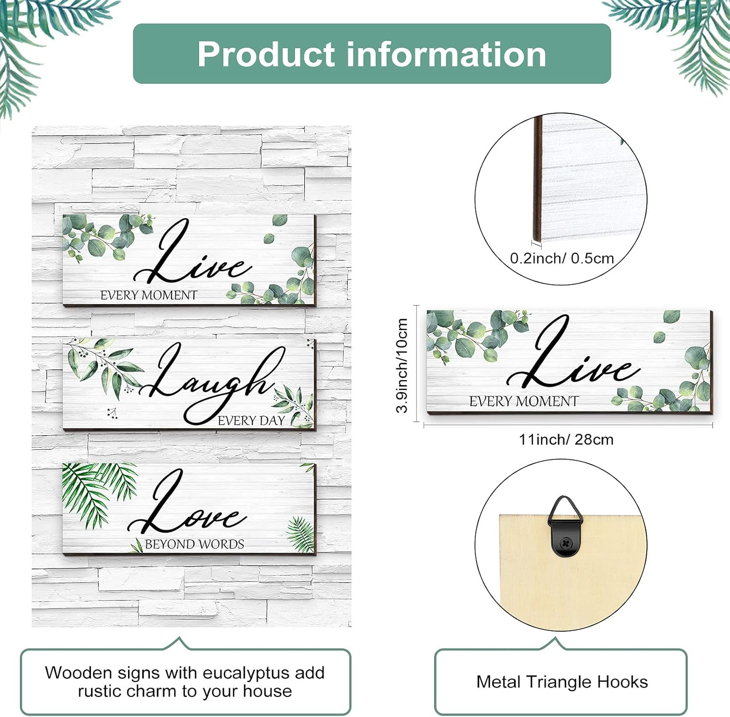 3 Pieces Live Laugh Love Wooden Sign Eucalyptus Leaves green, white, brown