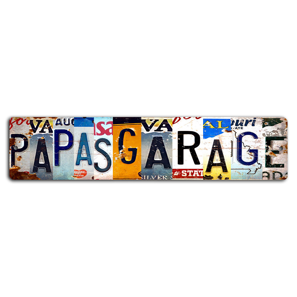 Papa’s Garage Cut-Up Styled License Plate Sign – 18×4 Inch Rustic Metal Decor