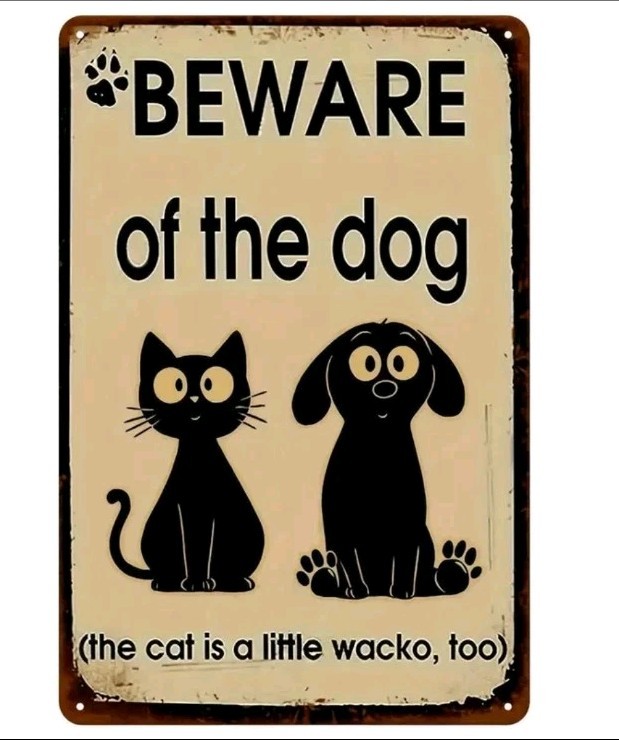 Funny Beware of Dog Cat Metal Sign Rustic Wall Decor Gift for Pet Lovers 8×12 In