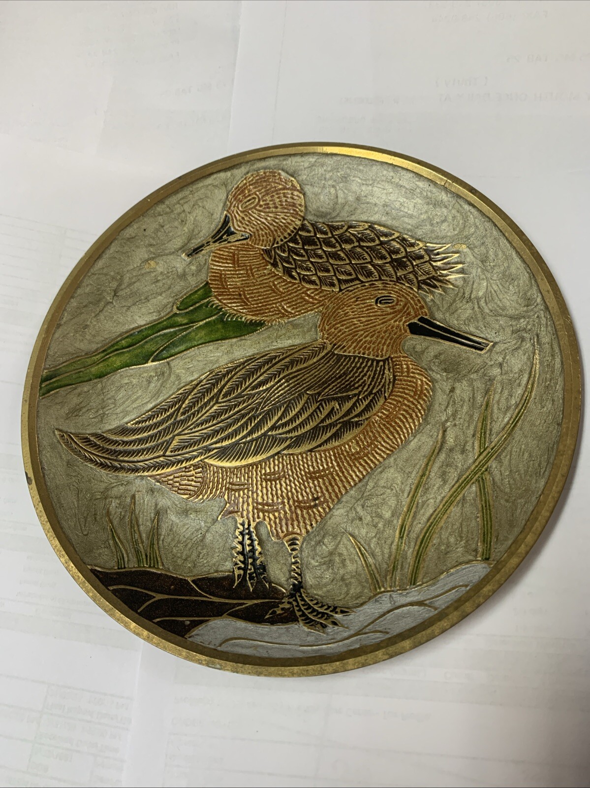 Vintage Brass Enamel Painted Bird Decorative Wall Plate Made In India