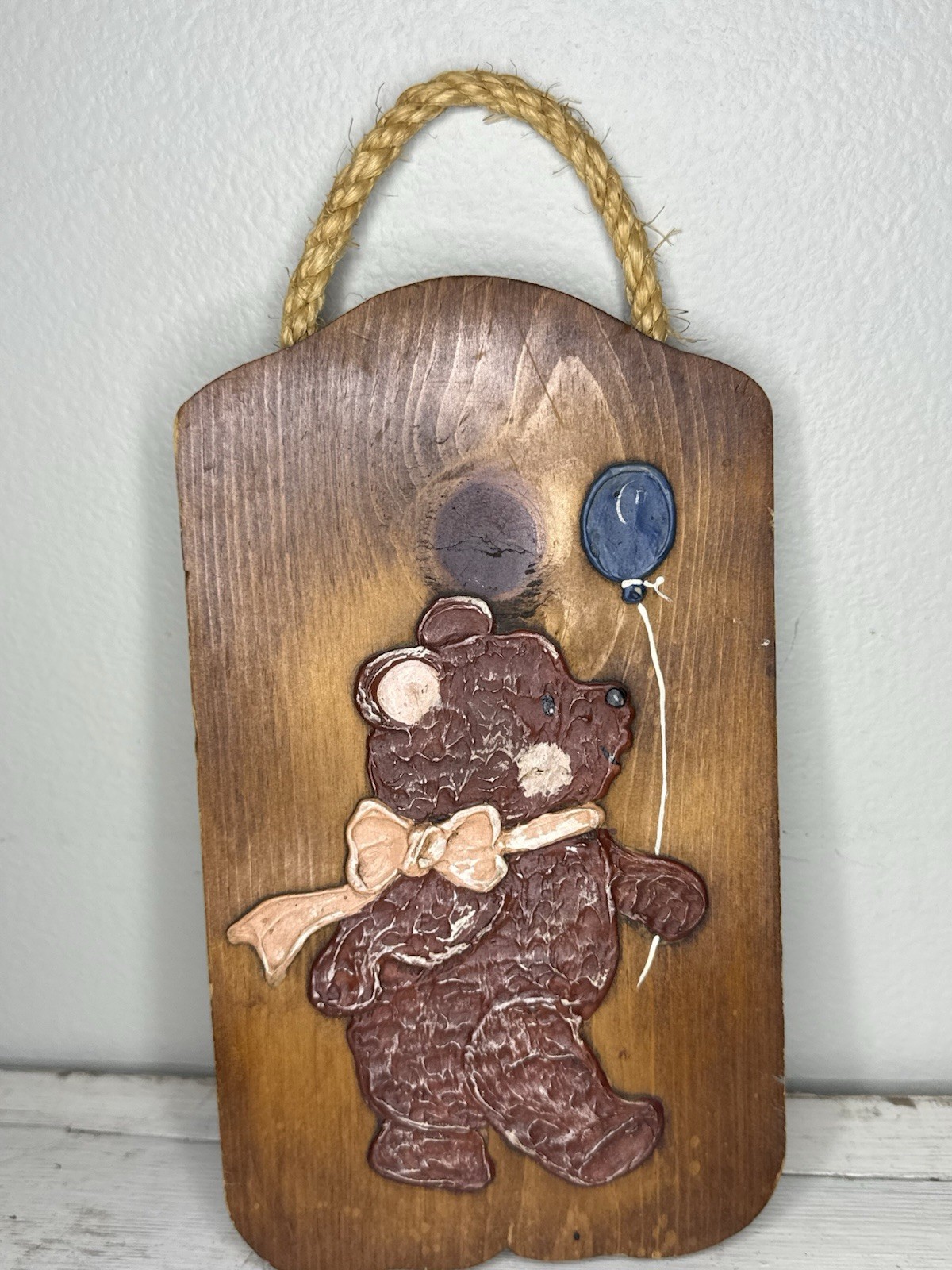 Vintage Wooden Teddy Bear Pink Bow, Balloon Sign Decor Farm Cottagecore Plaque