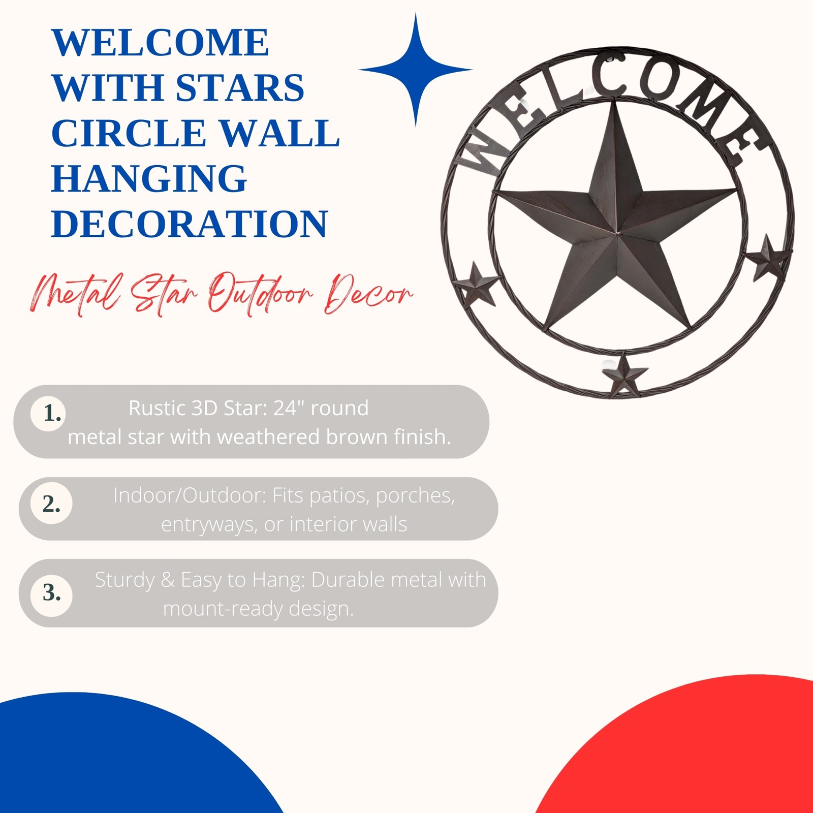 Rustic Western Metal Circle Welcome Star Wall Art Hanging Decor Sign Plaque Gift