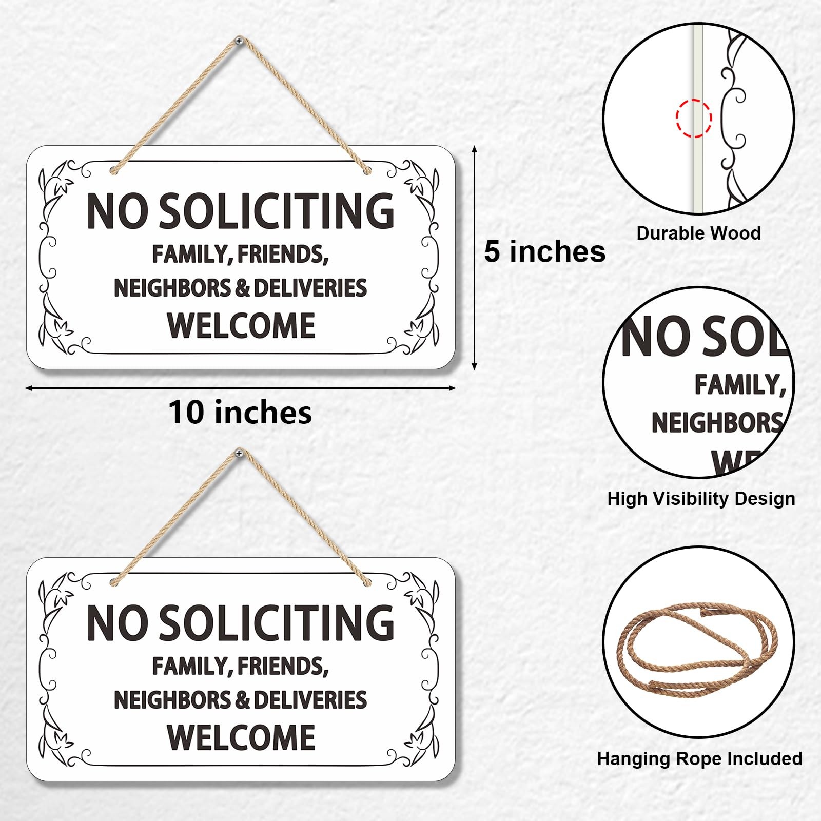 (2 Pack) Wooden No Soliciting 10×5 inches, Sign White