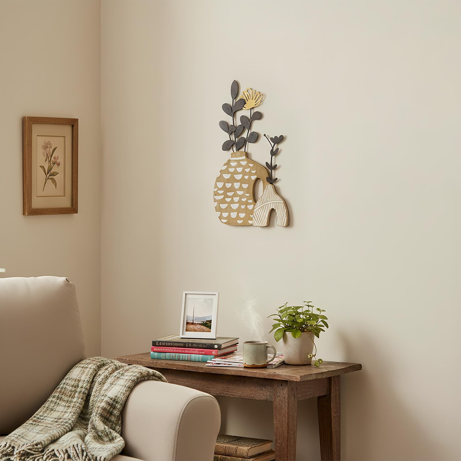 Rustic Metal and Wood Flowers Wall Art, Bohemian Vase with Flower Design, Bla…