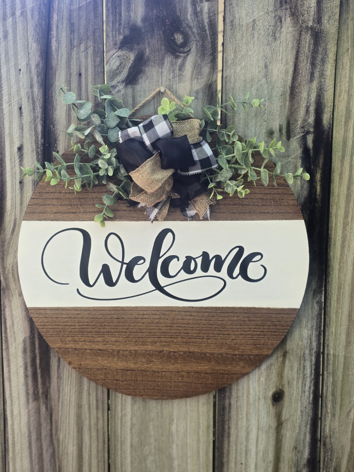 Welcome Round Wood Door Hanger Hanging Plaque Sign Brown White Black Green