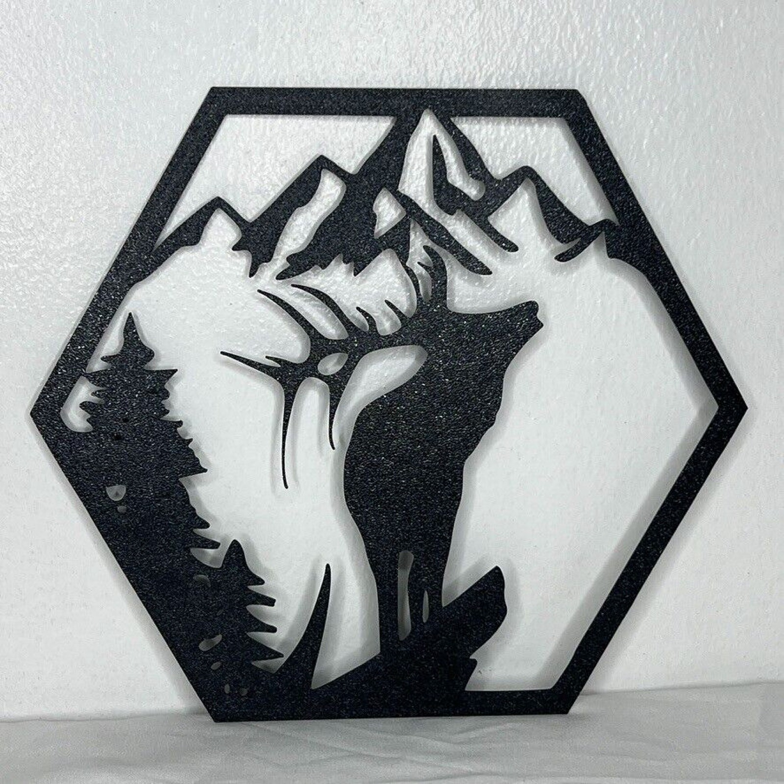 Set 4 Plastic Wall Art Decor Rustic Wildlife Hexagon Silhouettes Bear Wolf Elk