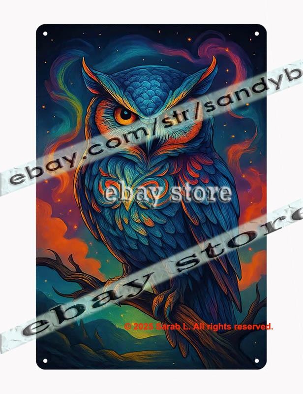 Mystic Owl Night Guardian Fantasy Forest Wall Art Tin Sign