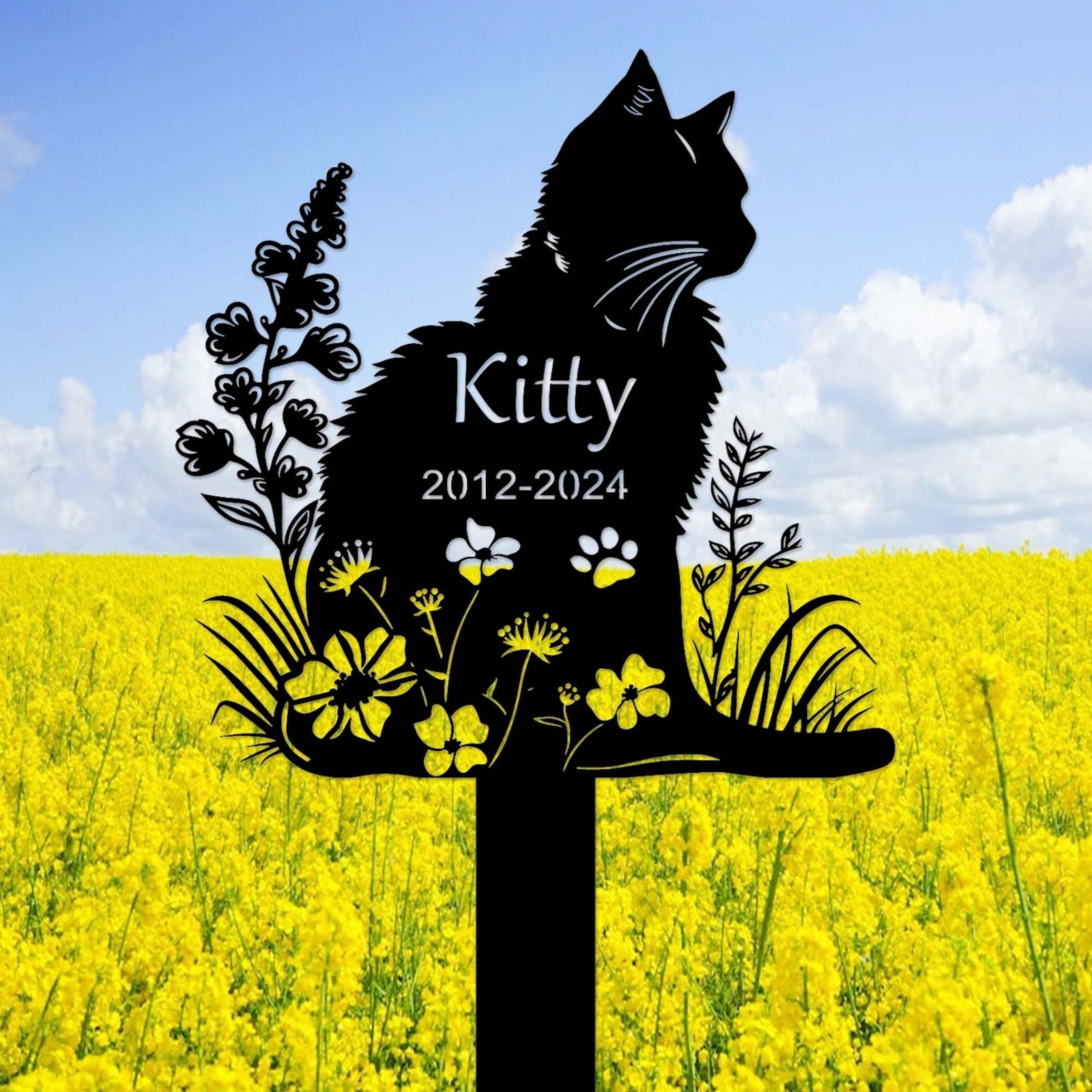 Personalized Metal Cat Grave Marker,Cat Memorial Stake with Flowers,Custom Cat