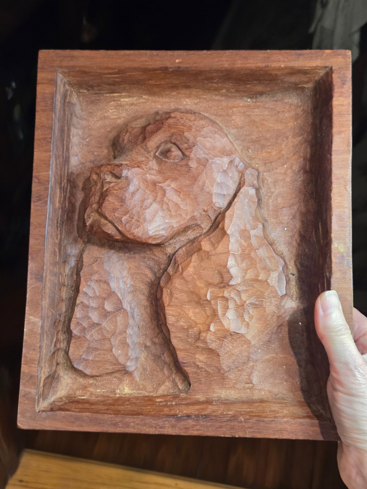 Handcrafted 3D Wood Carved Dog Wall Hanging Decor 10 x 8 In