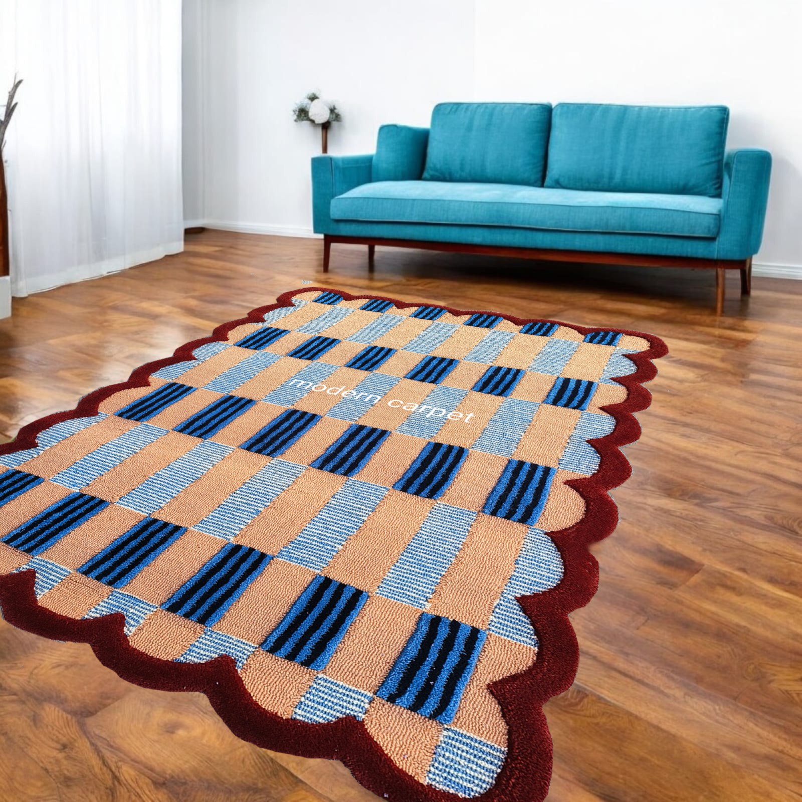 Handmade Checkered Wool Rug Blue Red | Scalloped Geometric Carpet Living Room
