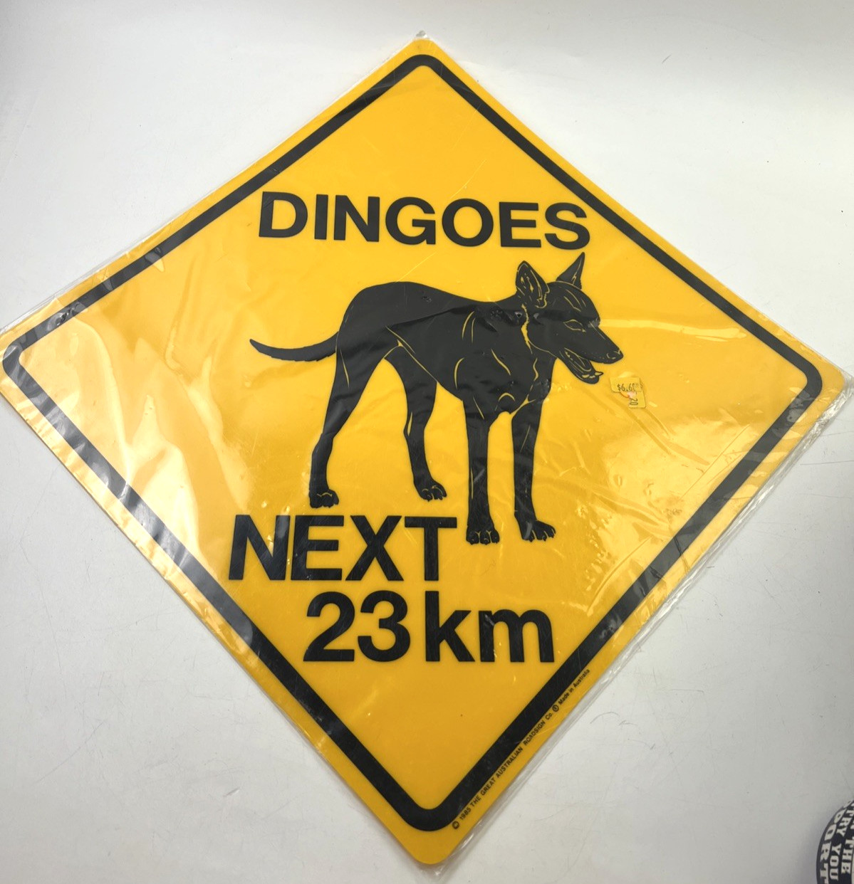 Dingoes Next 23 km – 1985 – The Great Australian Road Sign Co 14.5″ NEW in Pack
