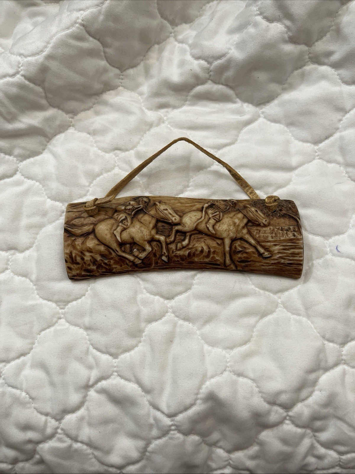 Antler Horse Racing Carved Plaque Hanging Decor, Animal Scene, Small, Matte