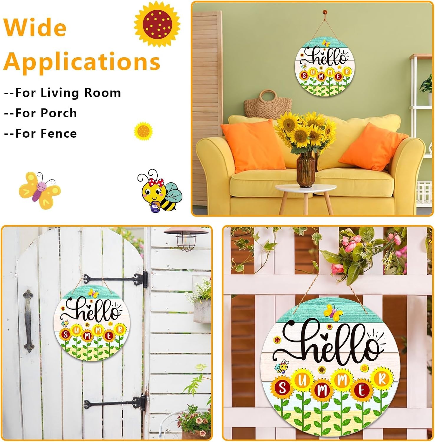 Farmhouse Sunflower Hello Summer Sign – Lightweight 11.5″ Front Door Decor