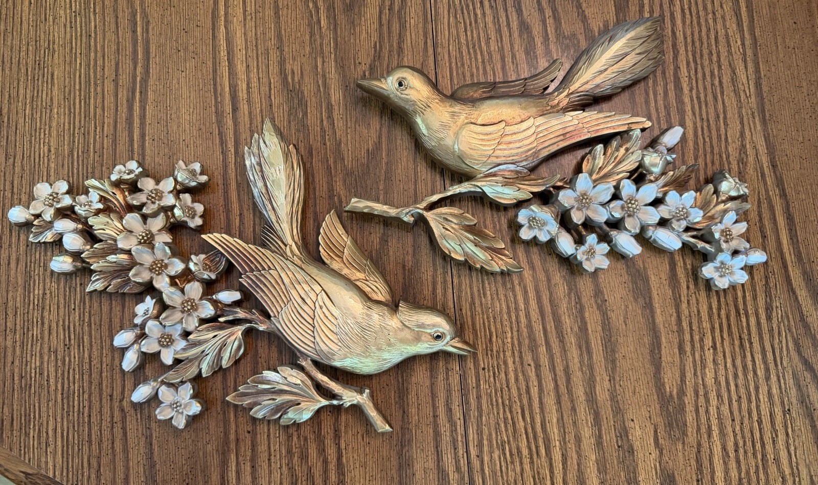 Vintage Syroco Gold 1960s Pair Birds Dogwood Branch Wall Decor Plaque MCM Set