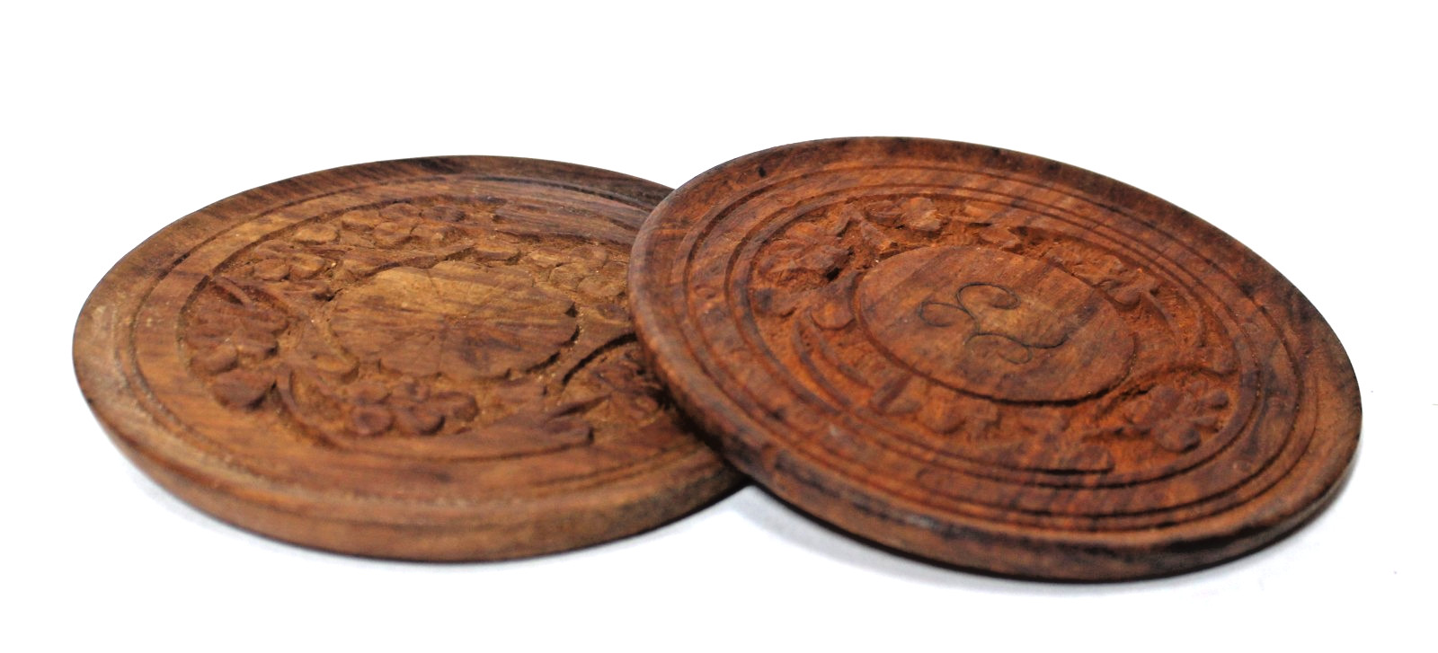 Vintage Carved Wood Wall Plaques Round Ornate India Set 2