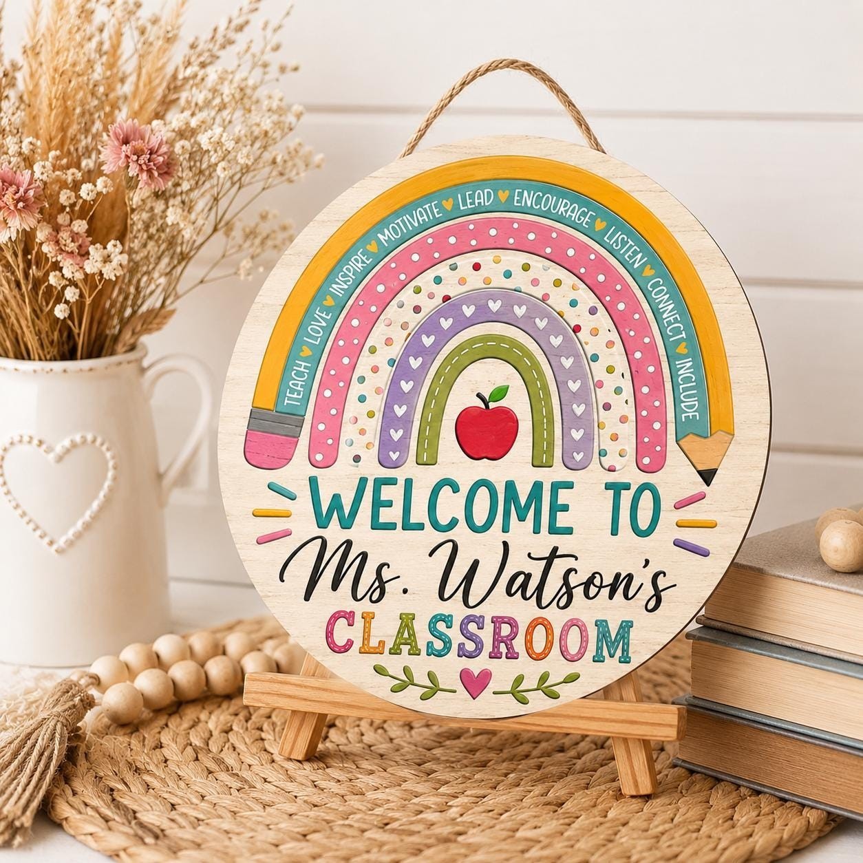 Personalized Rainbow Teacher Classroom Door Sign, Wooden Welcome Hanger Gift