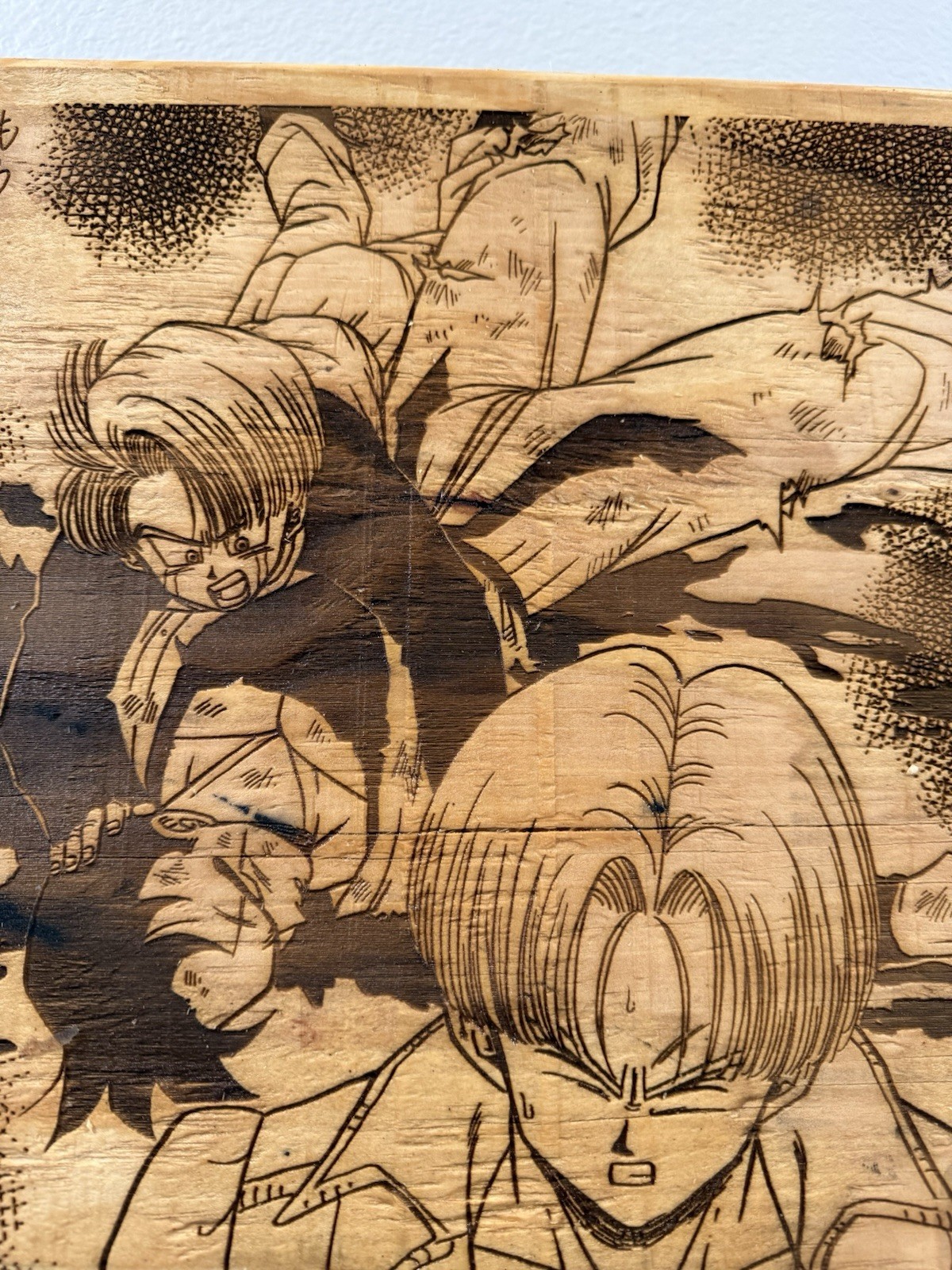 13 1/2 x 12 1/2” DBZ Future Gohan’s death Trunks reaction square wall hanging