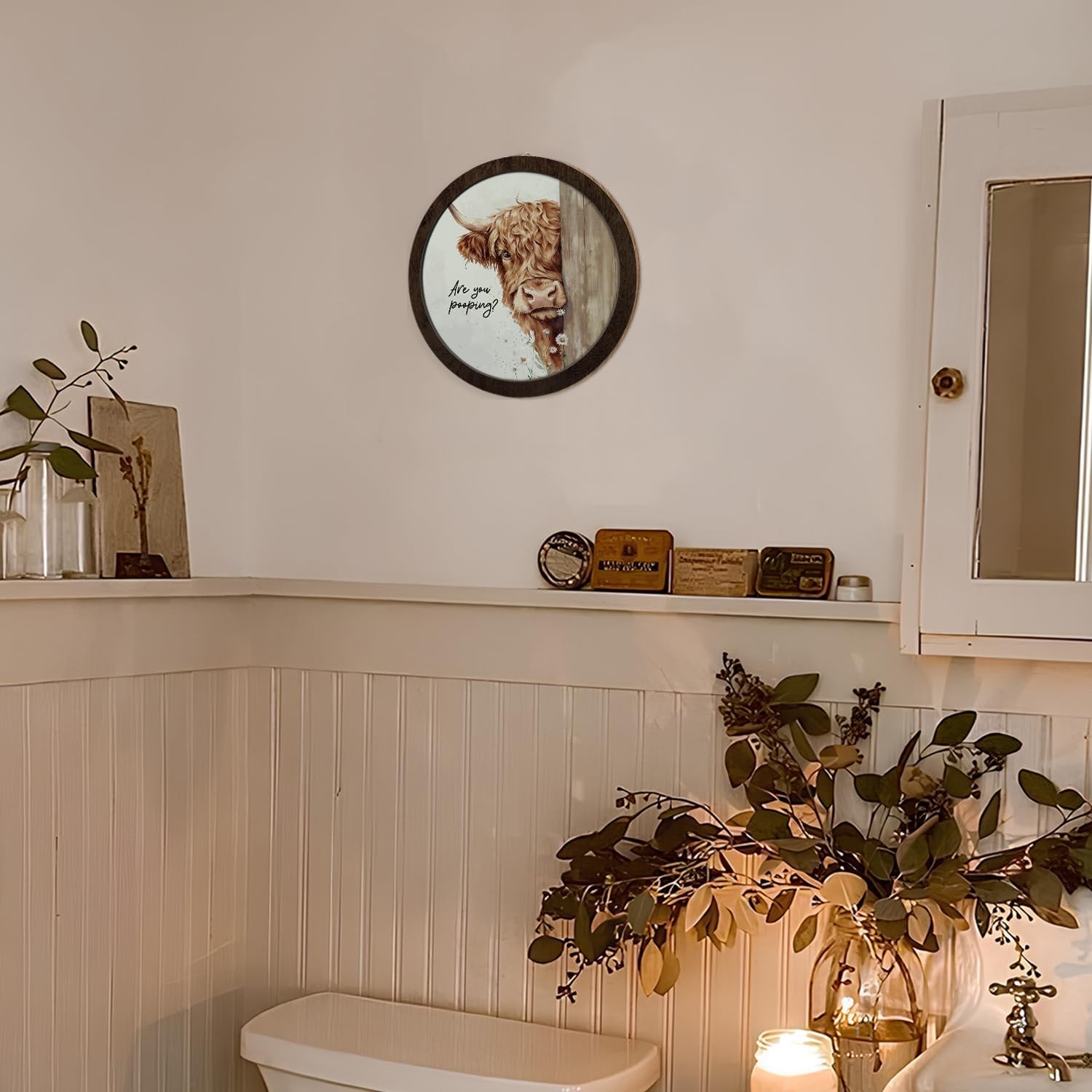 Funny Highland Cow Bathroom Round Wooden Wall Art, Highland Cow Bathroom Deco…